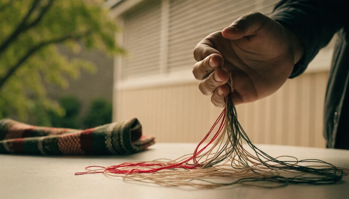 A hand near tangled threads and a blindfold, suggesting appearance of control over chance