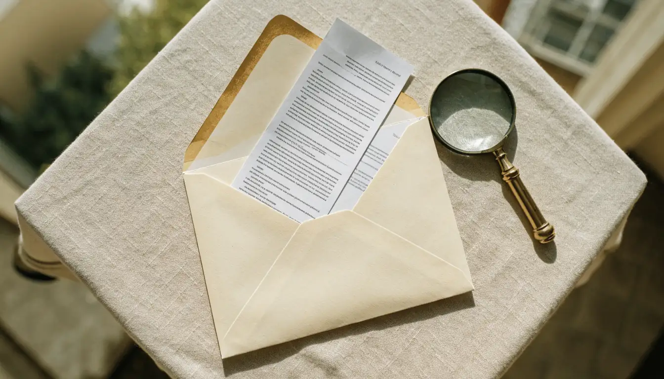 An unsealed envelope with a contract and magnifying glass, suggesting hidden bonus terms