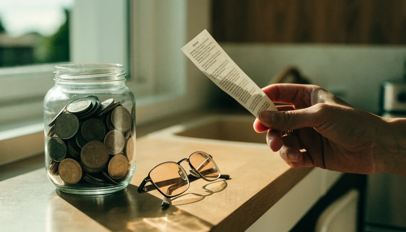 A person reading a small printed leaflet beside a jar of coins on a counter
