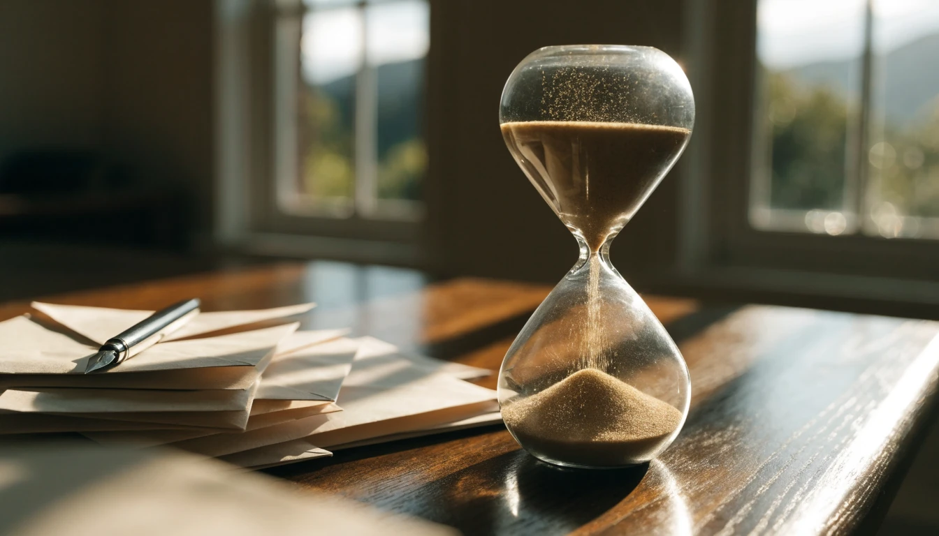 A sandglass on a desk with envelopes, suggesting measured versus claimed payment times
