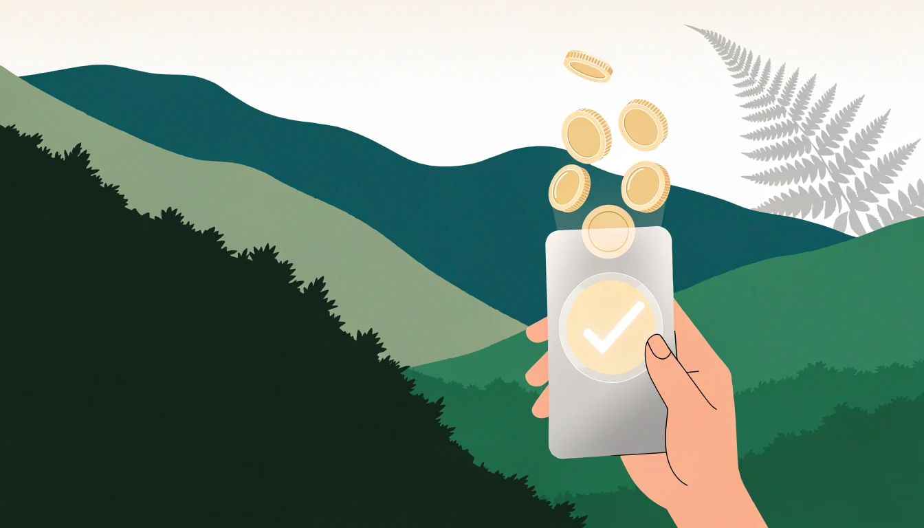 Digital wallet with floating coins and a checkmark over New Zealand hills and silver fern.
