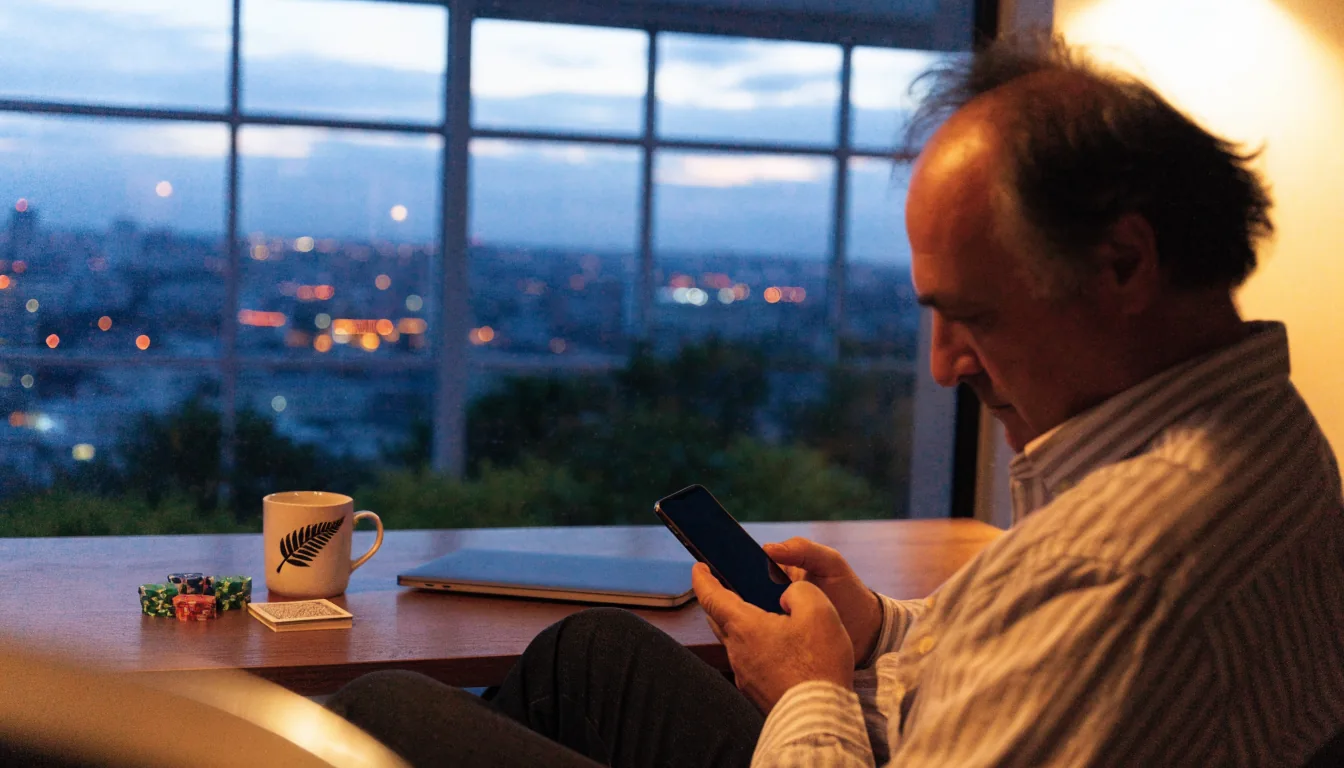 New Zealand man at home desk with smartphone, poker chips, and cards