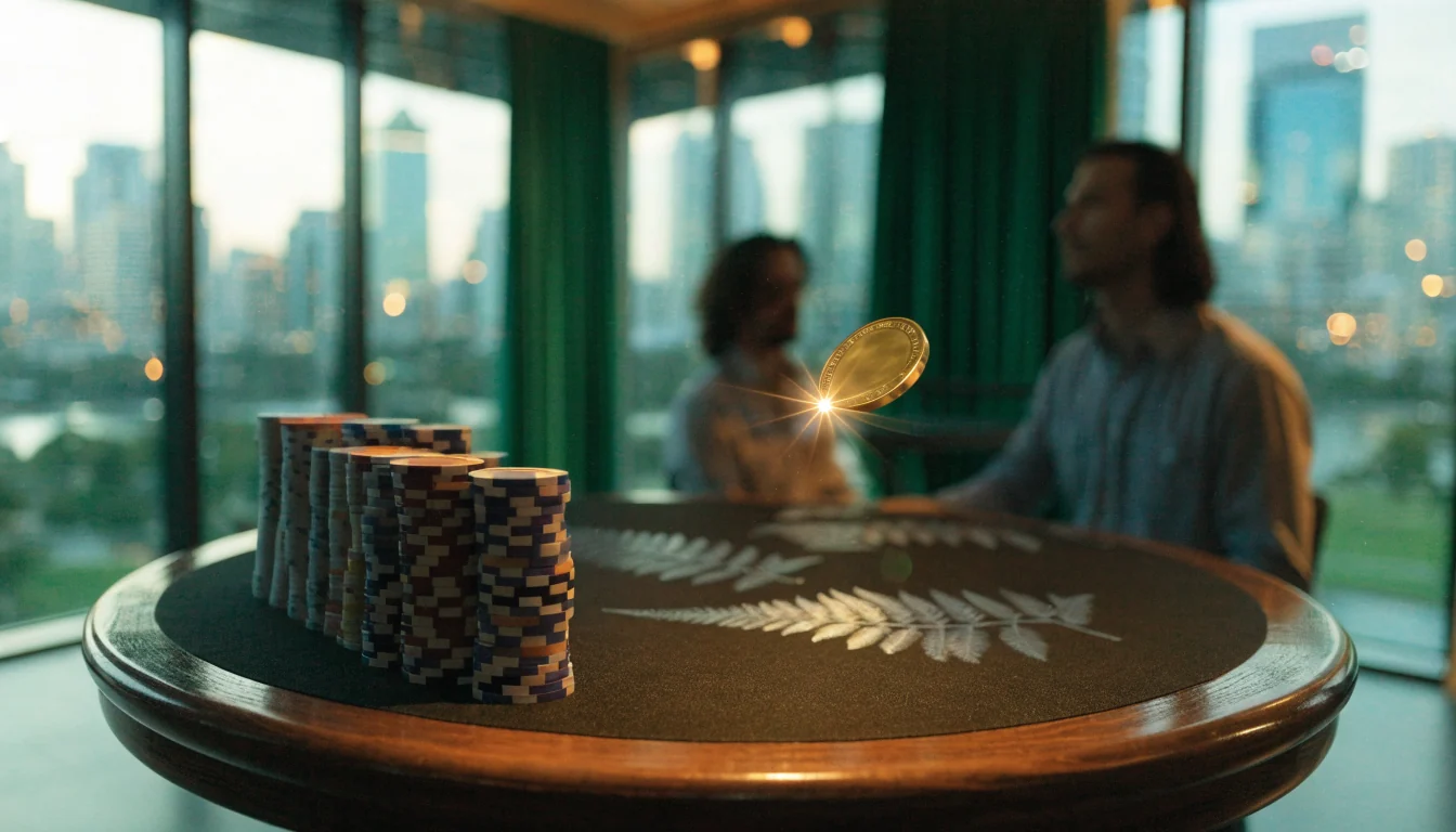 Casino chips, spinning golden coin, and Auckland skyline in a modern gaming room