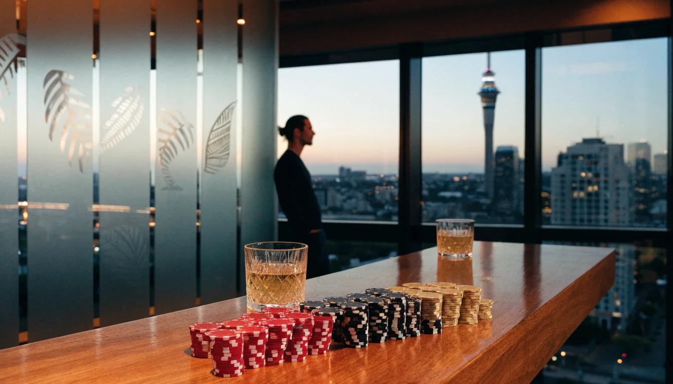 Casino chips and drinks on a bar counter with Auckland skyline view