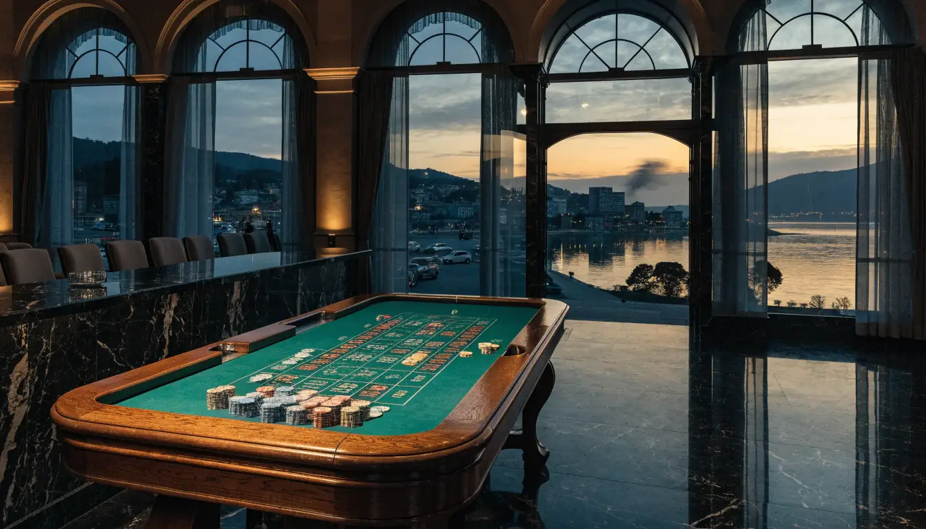 Elegant New Zealand casino interior with a roulette table and chips at twilight.