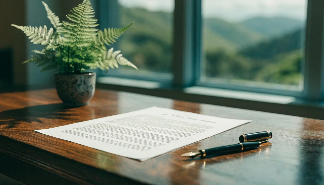 Legal document and silver fern on a desk with a New Zealand landscape through the window