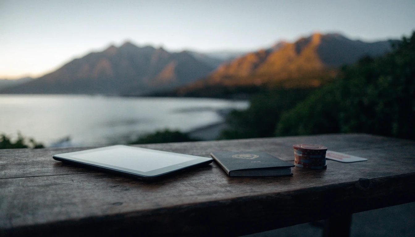 Tablet and passport on a New Zealand coastal table at dusk with a casino chip
