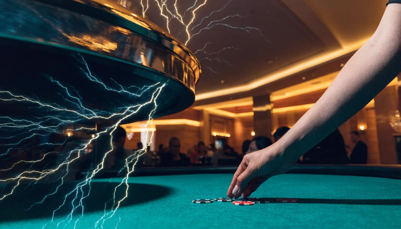 Casino roulette table with dramatic lightning lighting effects in New Zealand