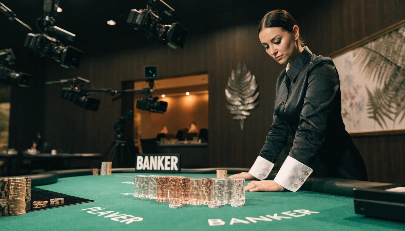 Elegant dealer at a green felt baccarat table in a professional live casino studio