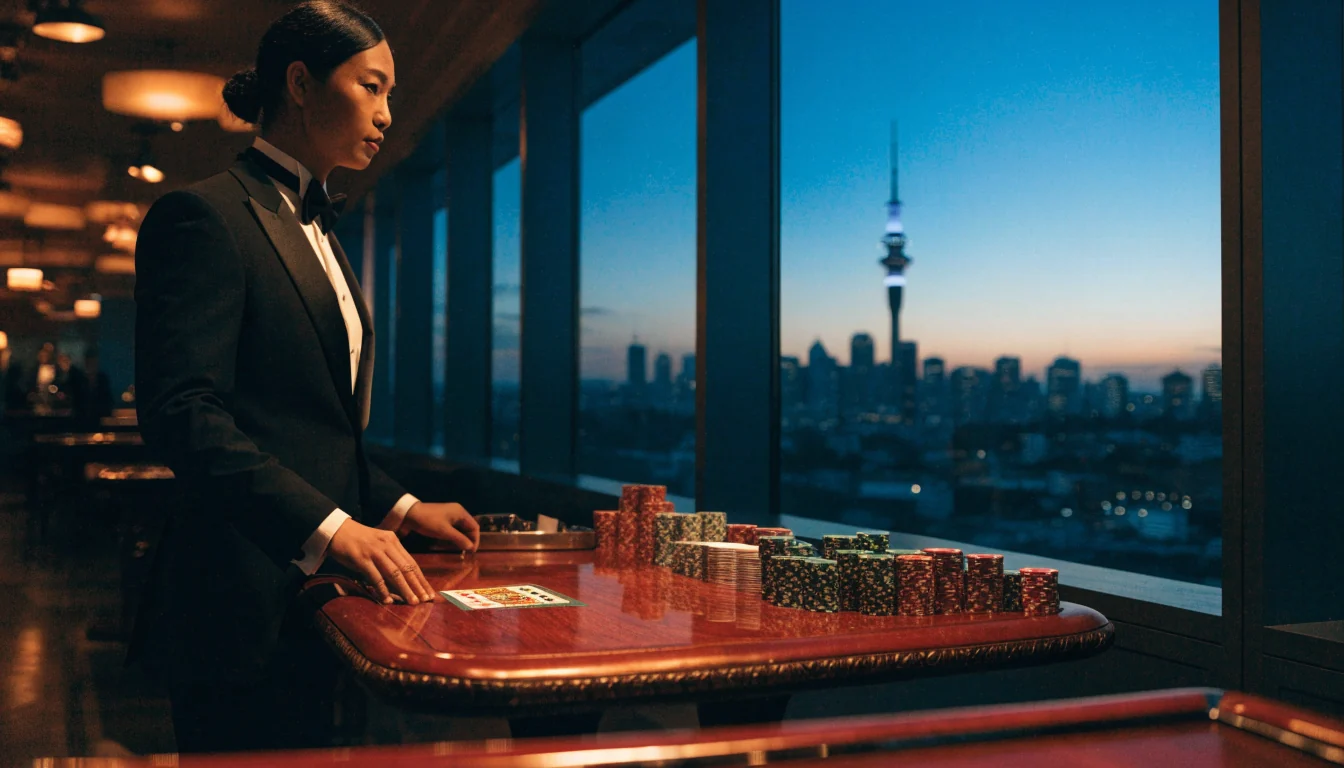 Live blackjack table in a New Zealand casino studio at dusk