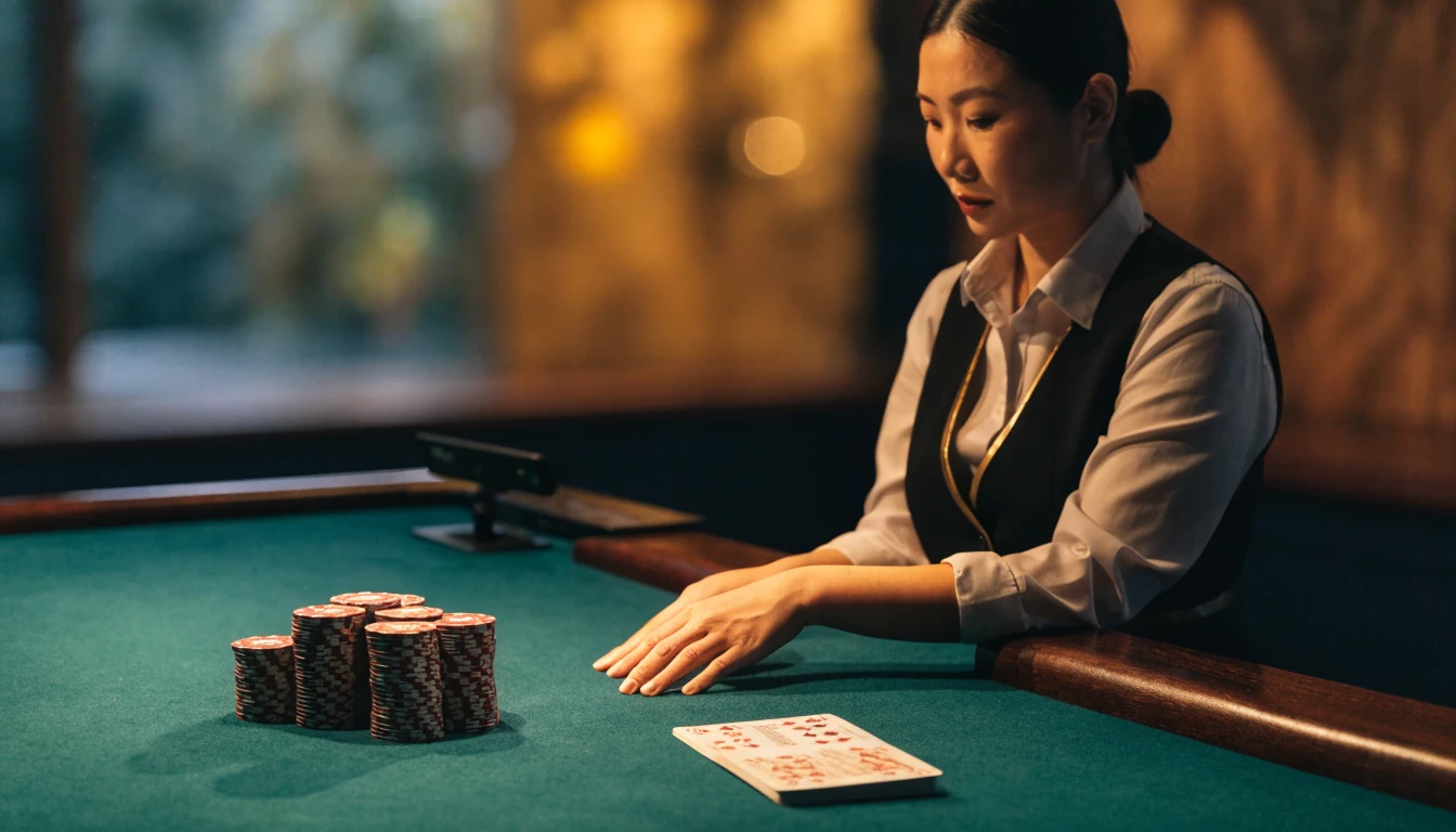 Live dealer standing at a green felt blackjack table with chips and cards