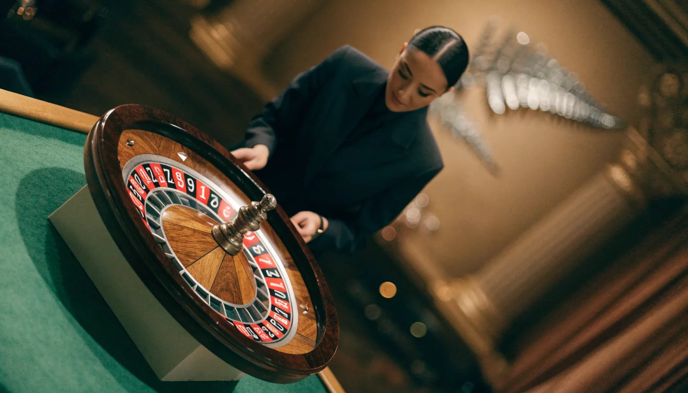 Elegant live casino studio with real roulette wheel and dealer in New Zealand themed setting