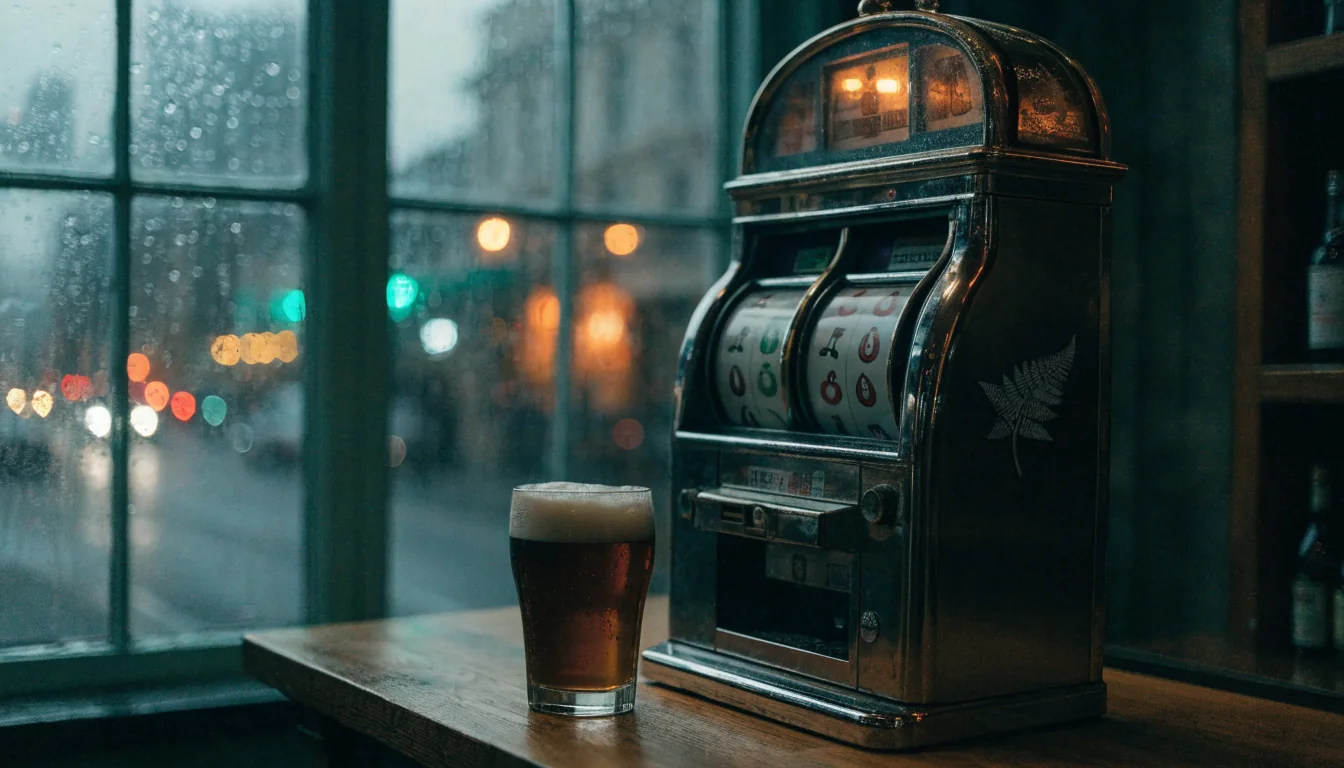 Cozy New Zealand pub with a vintage slot machine on the counter at evening