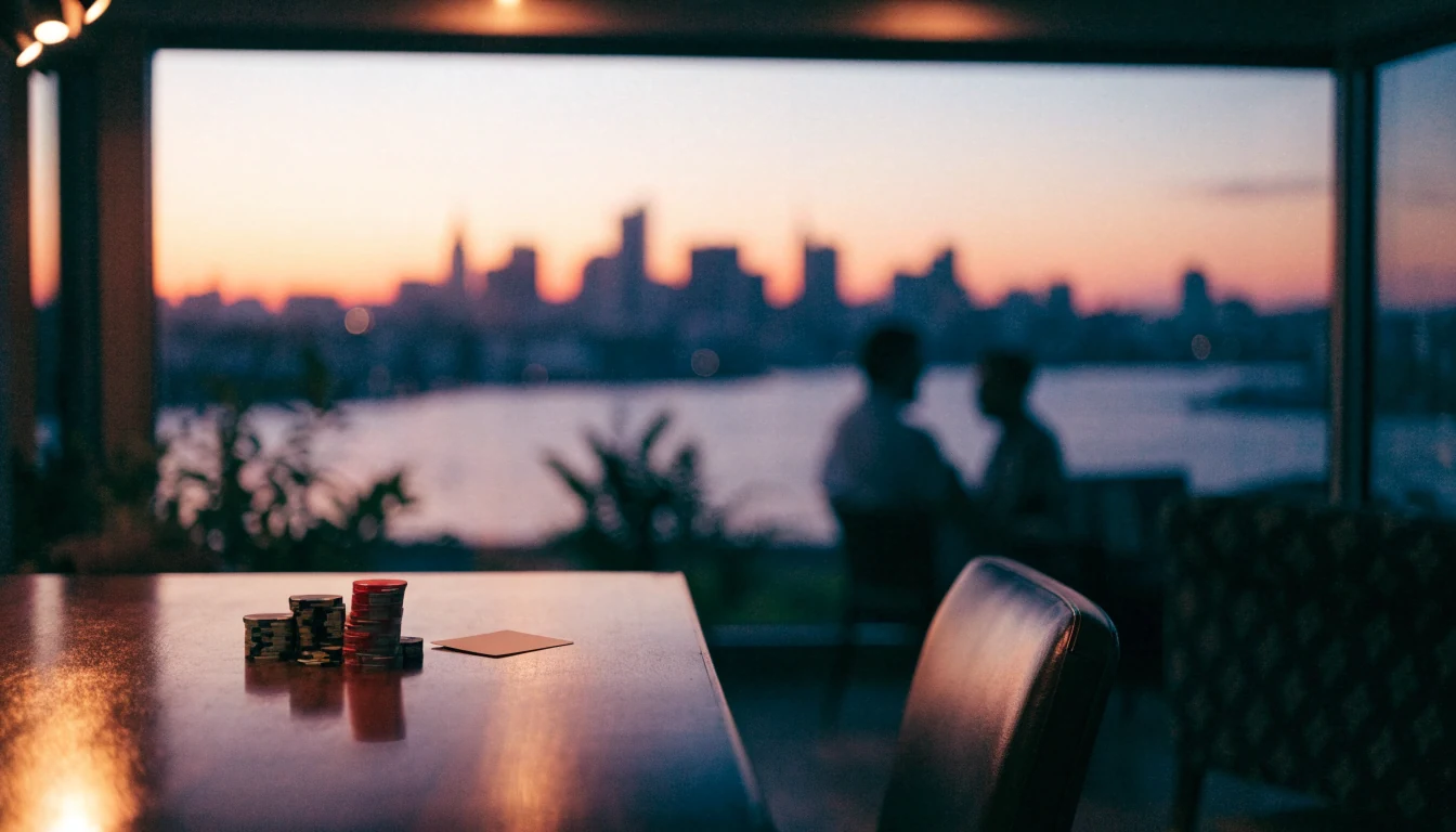 Casino chips on a table with Auckland skyline at sunset