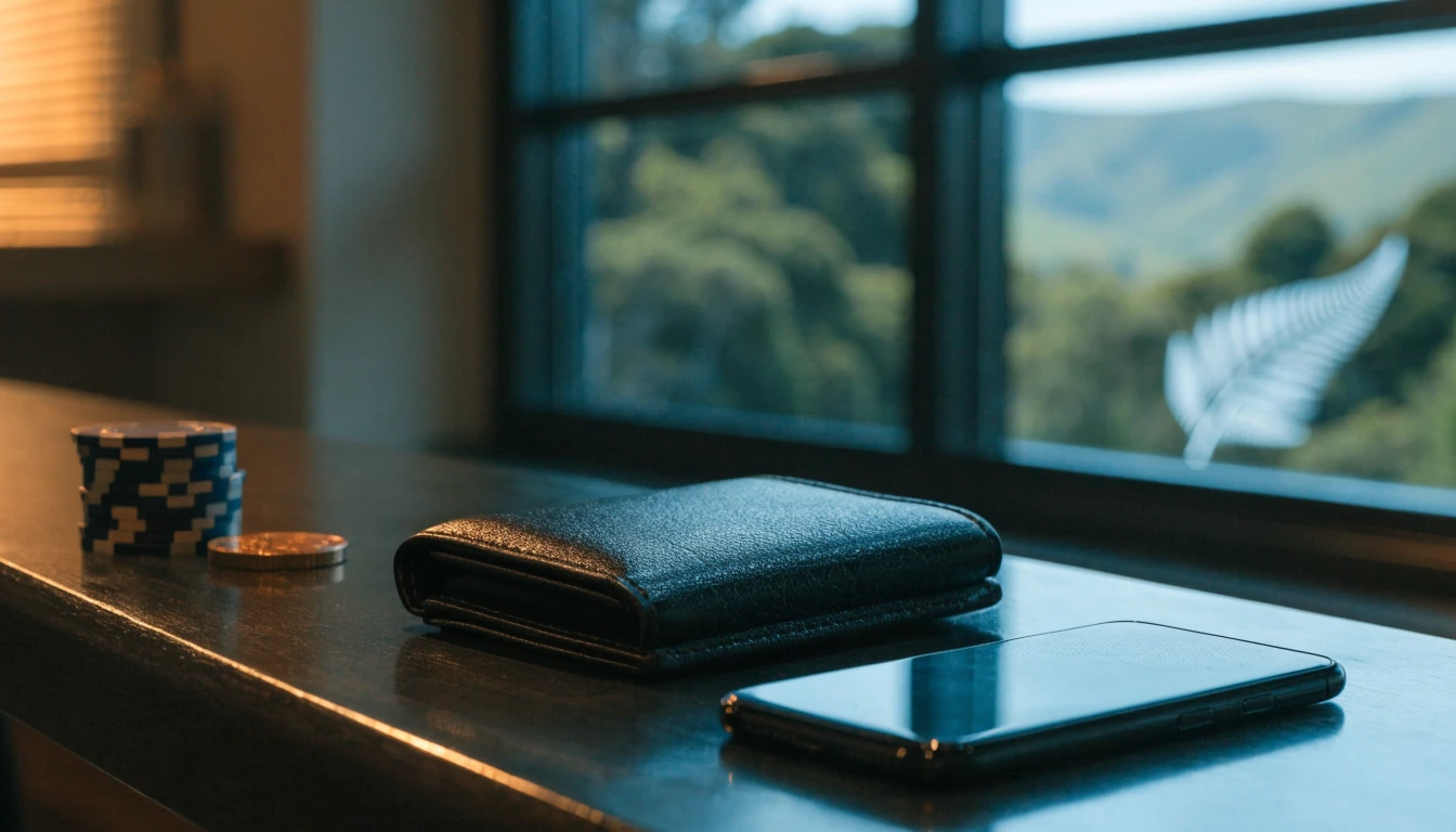 Casino chips, coin, and a face-down smartphone on a table with New Zealand hills in the background