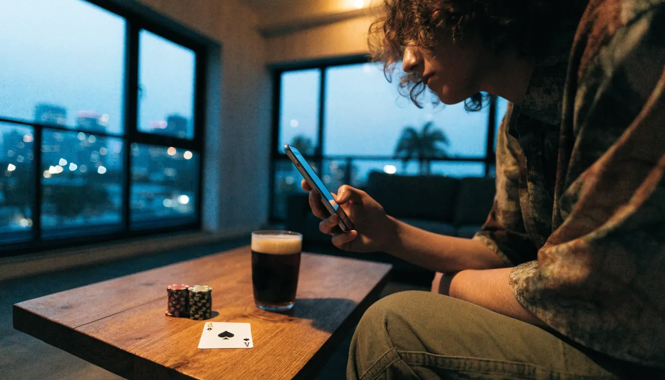Person holding a phone near casino chips with Auckland skyline view