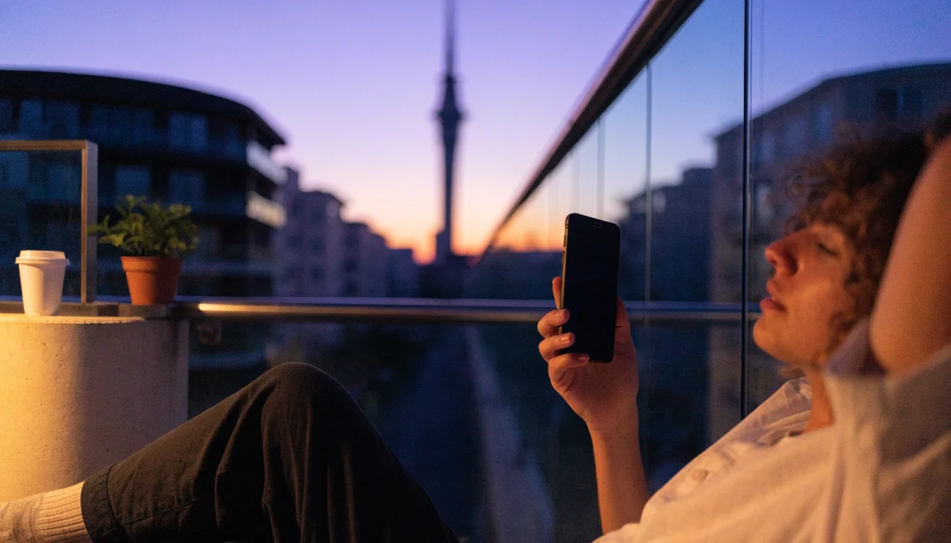 Person holding a smartphone at sunset on Auckland balcony with Sky Tower in background.