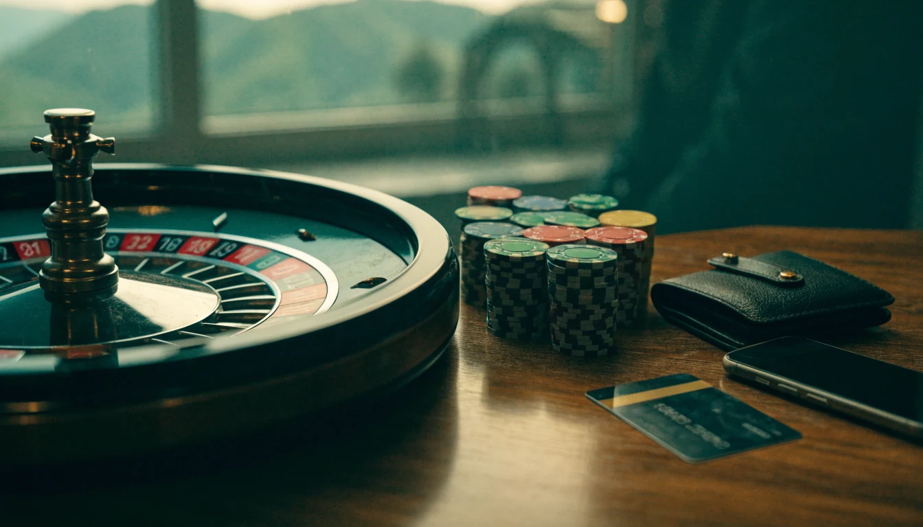 Casino chips, a roulette wheel, a credit card, and a turned-off smartphone on a wooden table with a New Zealand landscape in the background.