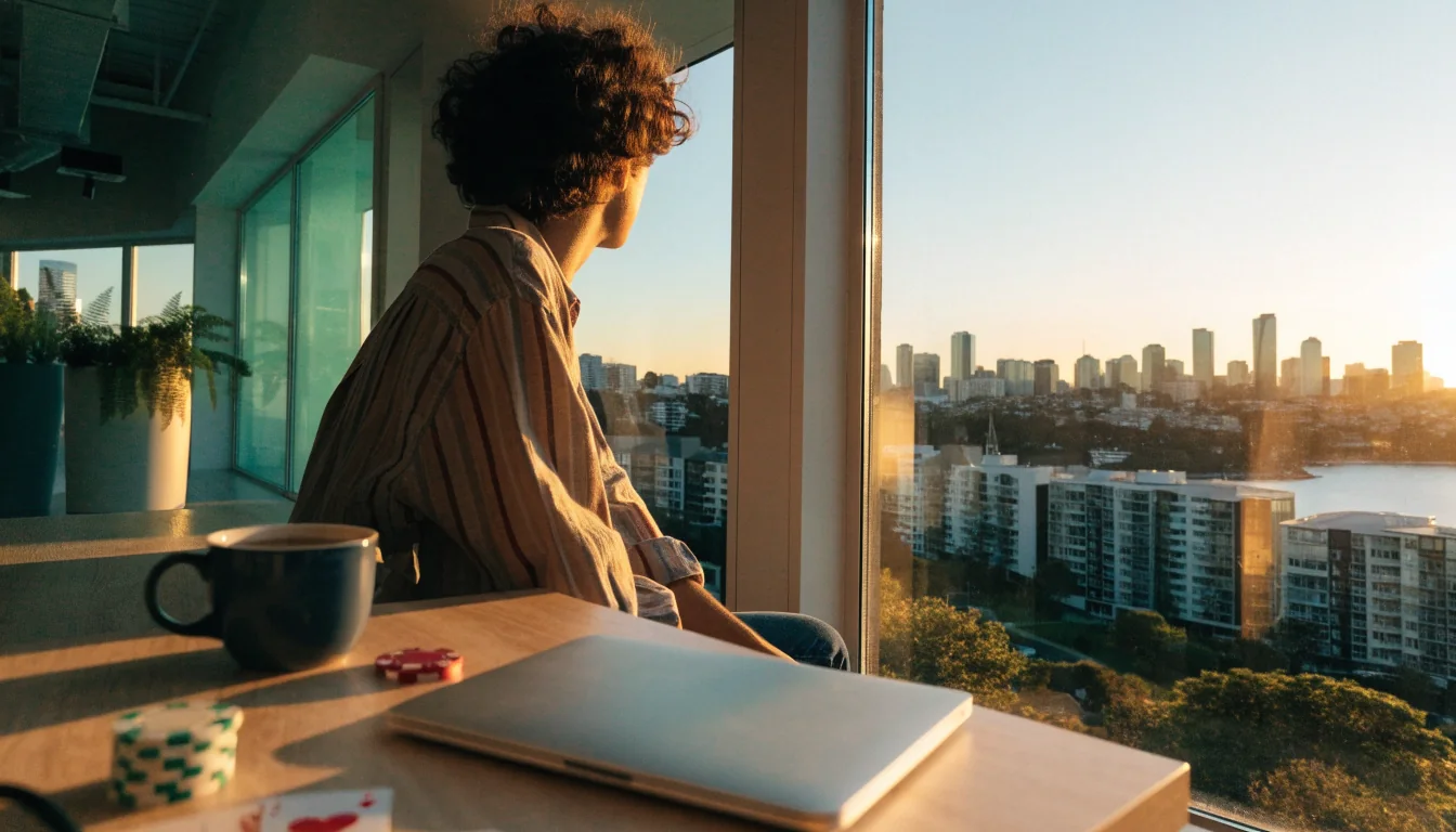 New Zealand person at modern desk with chips and coffee, Auckland skyline visible