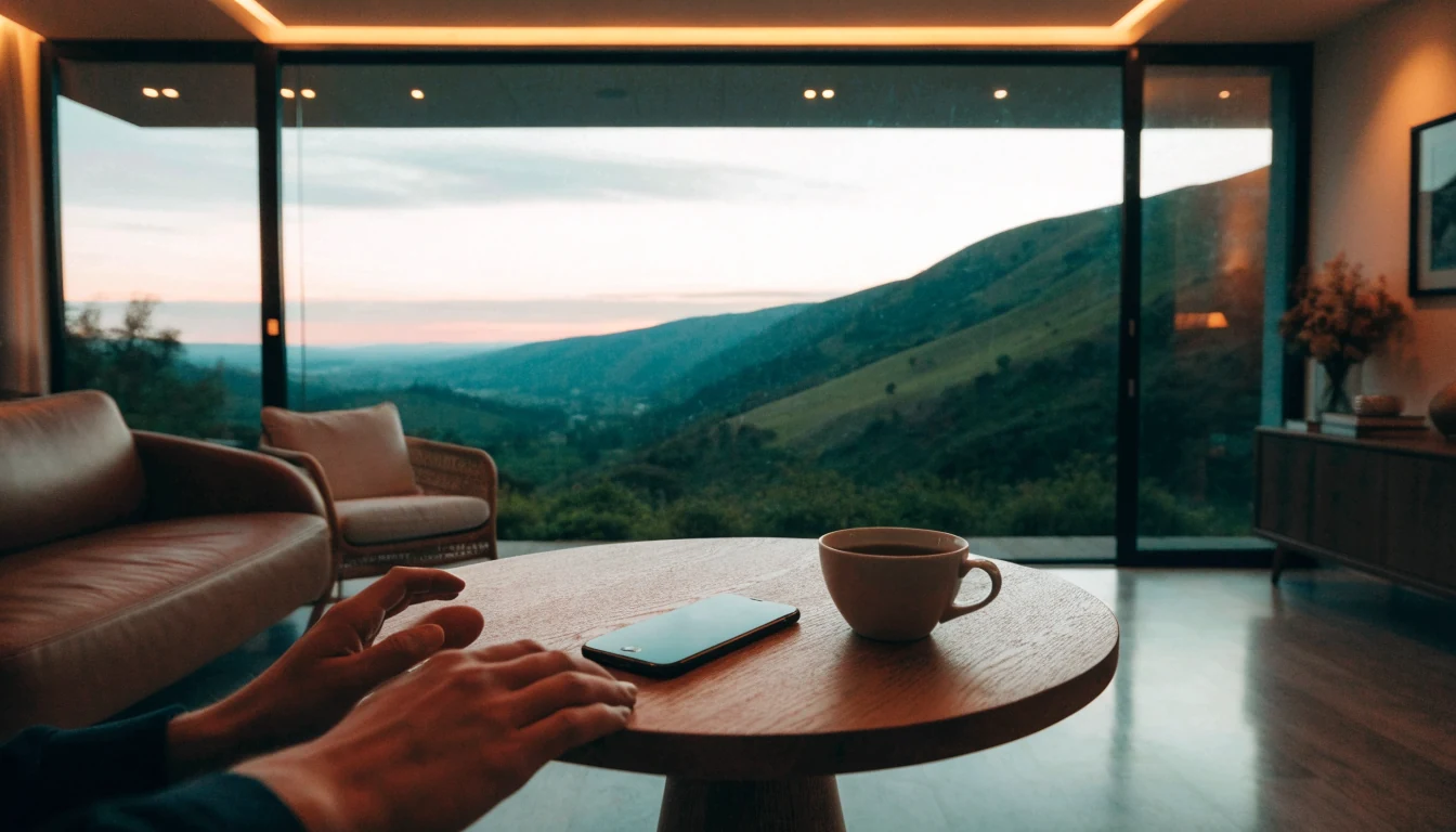 Hands near a smartphone on a coffee table with a New Zealand landscape view at dusk.