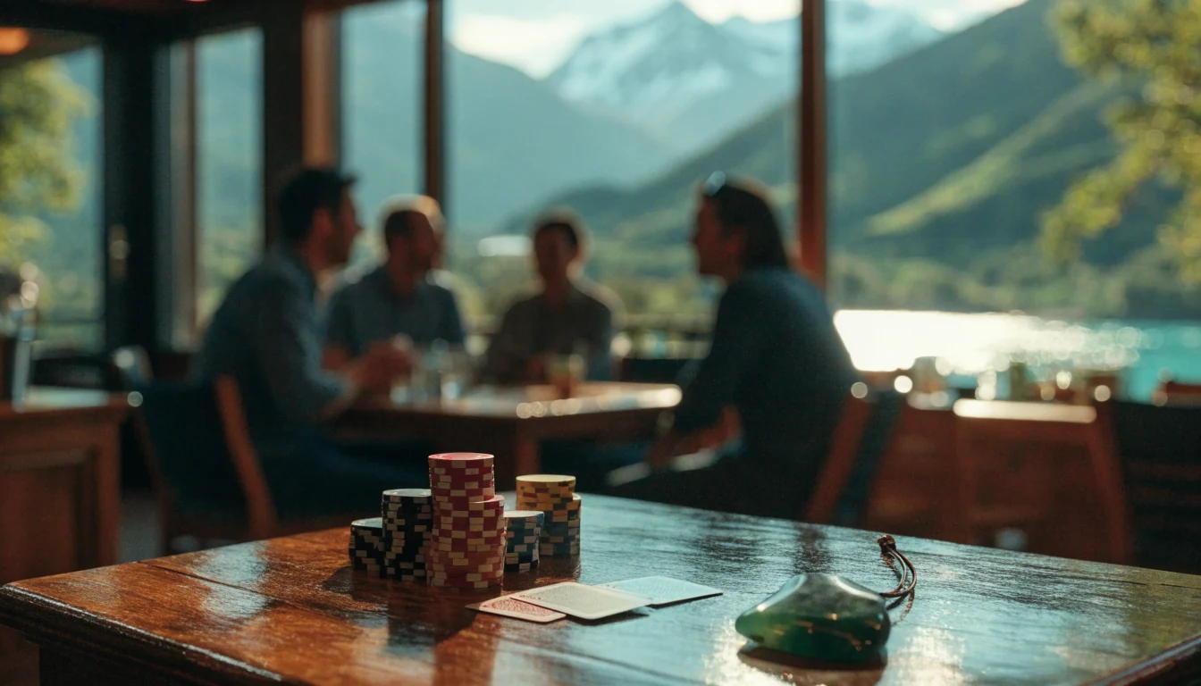 New Zealand lounge bar with stacked casino chips, face-down playing cards, and pounamu on wooden table overlooking mountains