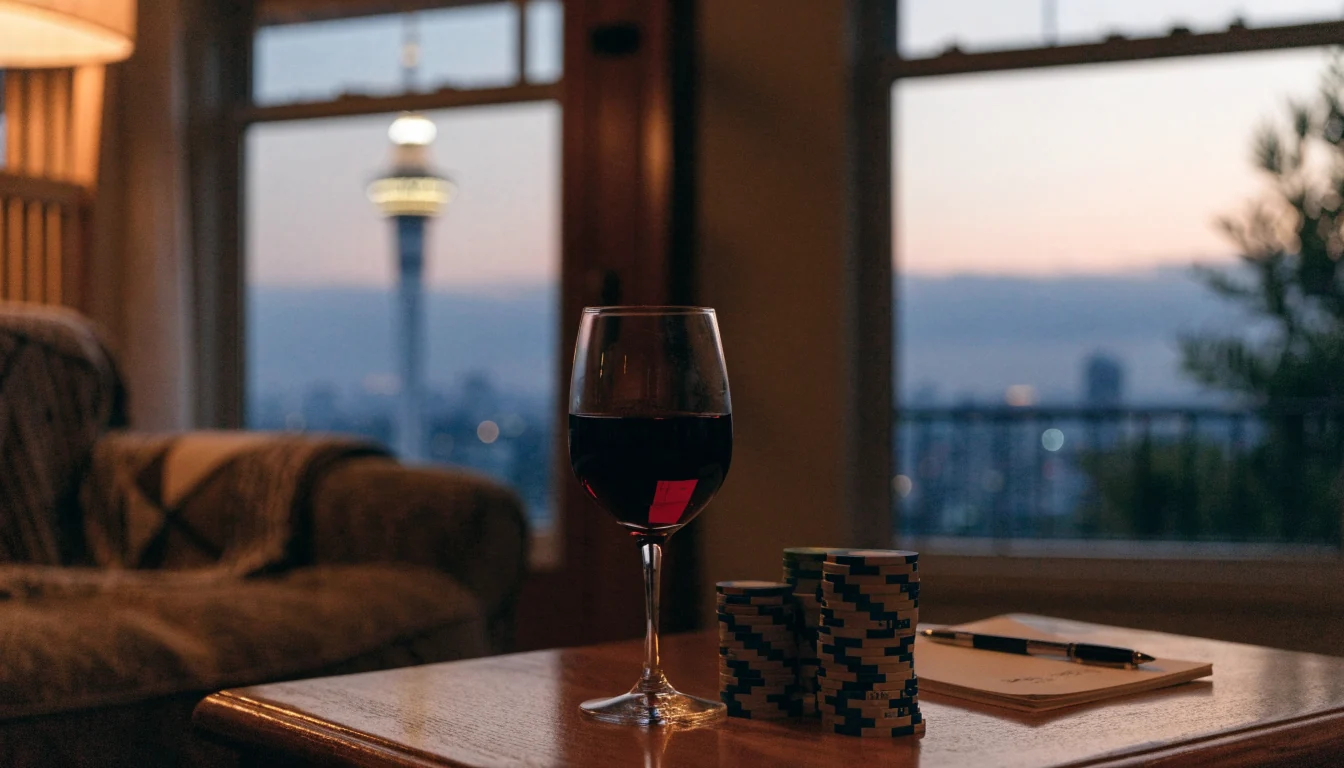 Casino chips and wine on a table with Auckland skyline view
