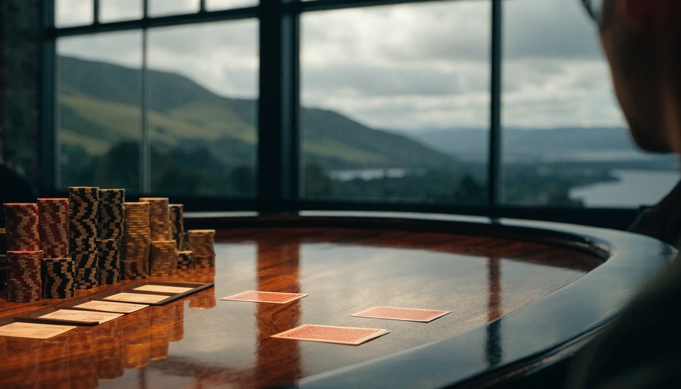 Baccarat table with chips against New Zealand landscape