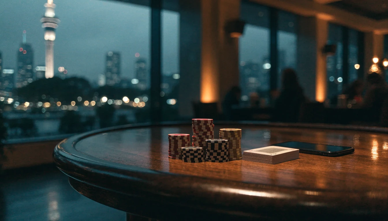 Elegant New Zealand casino lounge with blackjack chips, cards and a smartphone on a wooden table