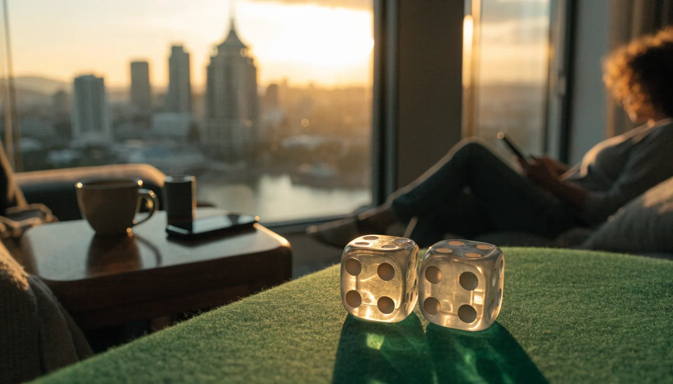 Casino dice on felt surface near a face-down phone in a modern New Zealand apartment.