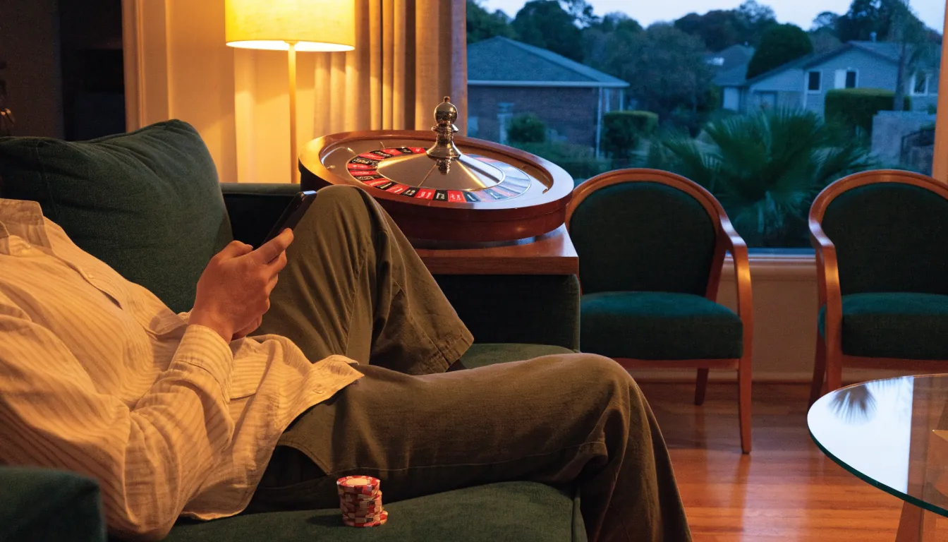 Person on sofa with smartphone and casino chips in New Zealand home