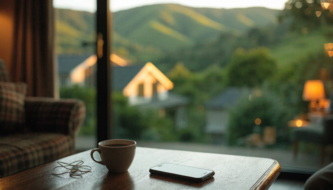 Smartphone on coffee table in New Zealand home with countryside view at dusk