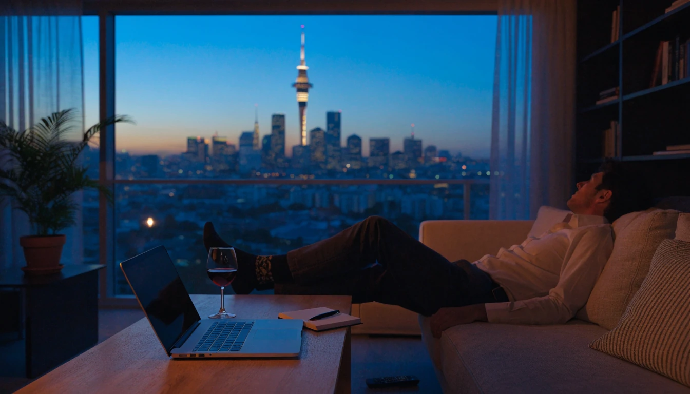 New Zealand man relaxing at home in Auckland apartment at dusk
