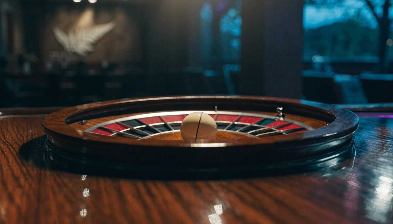 European roulette wheel with ivory ball on a polished casino table, cinematic lighting