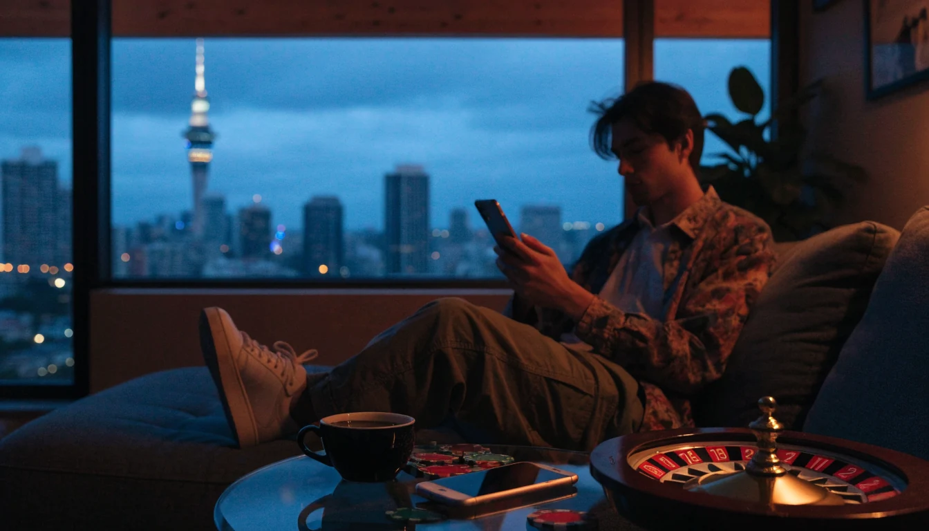 New Zealand player with smartphone, Auckland skyline at dusk, casino chips on table