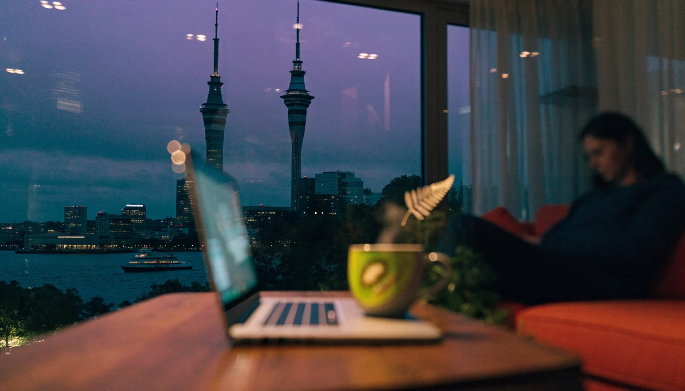 Modern New Zealand living room with laptop and Auckland skyline view at dusk
