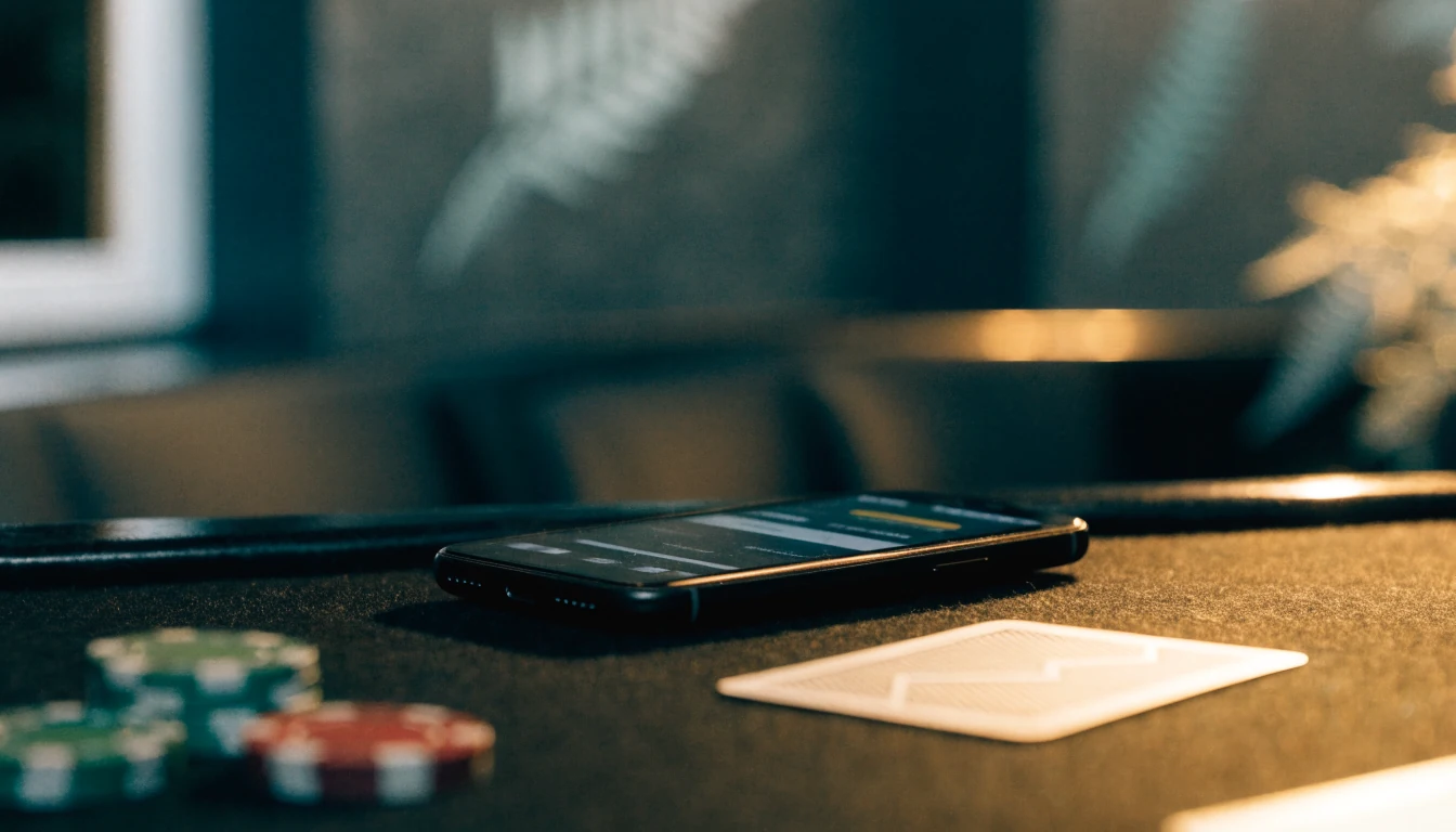 Smartphone on a casino table with chips, representing pay-by-phone deposits in New Zealand.