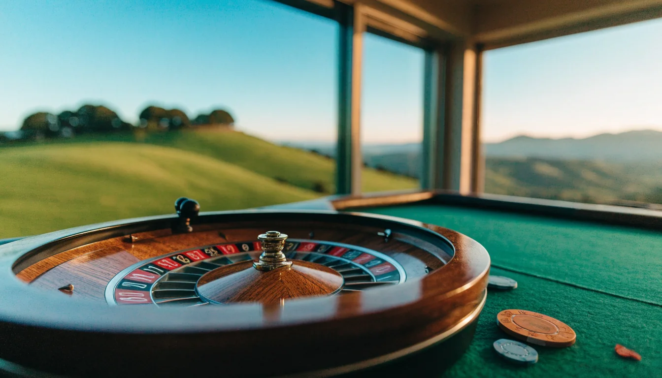 Roulette wheel and chips on a table with a New Zealand landscape visible through the window
