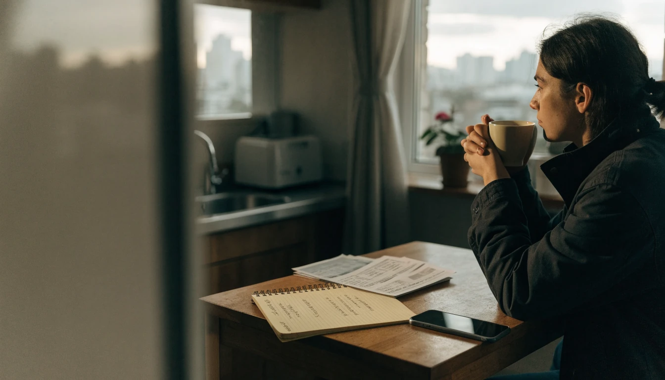 A person sits alone at a kitchen table in New Zealand, reflecting with a mug of tea.