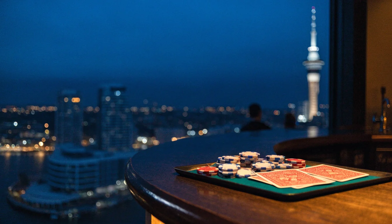 Auckland Sky Tower at night with casino chips and cards on a bar counter