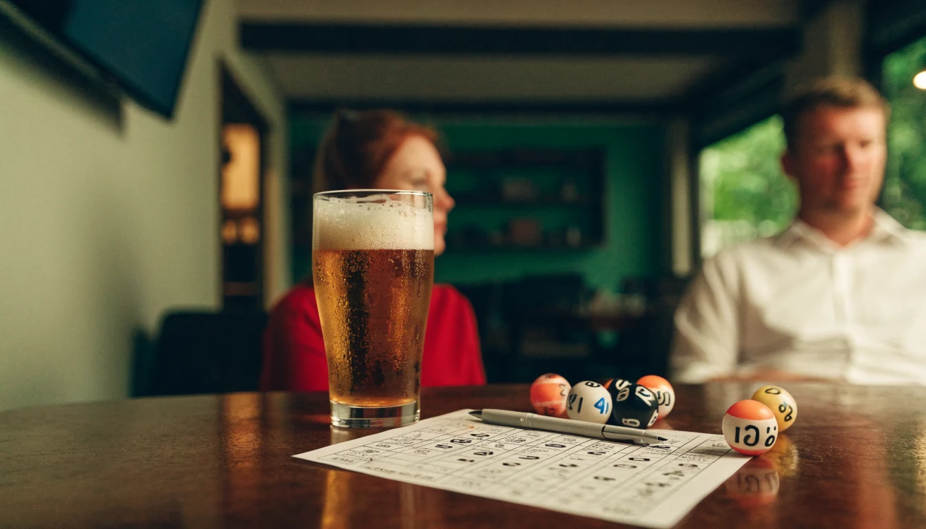 Keno selection slip and lottery balls on a table in a New Zealand bar setting.