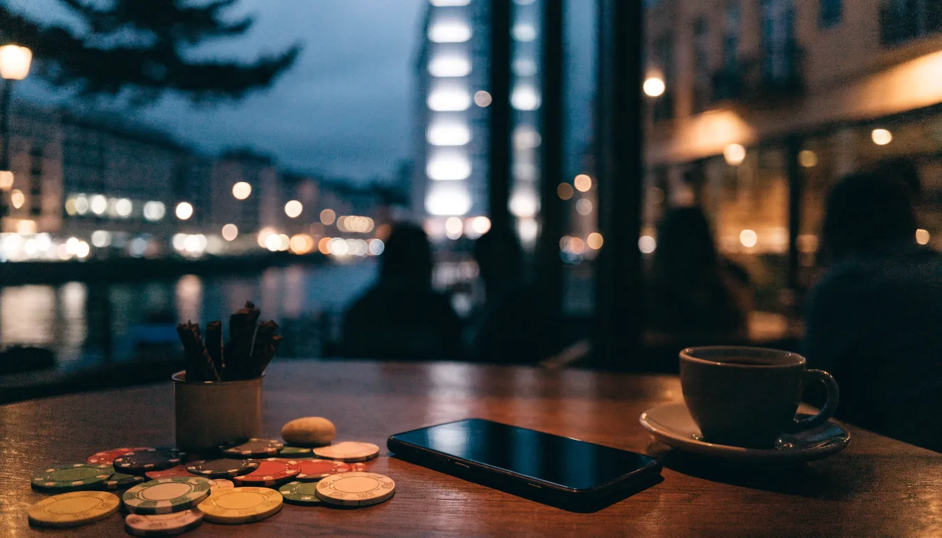 Smartphone face-down on café table with casino chips, New Zealand city lights at dusk
