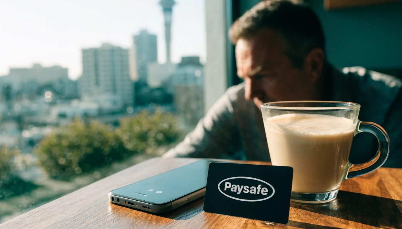 Smartphone with Paysafe card on a café table, Auckland skyline in background
