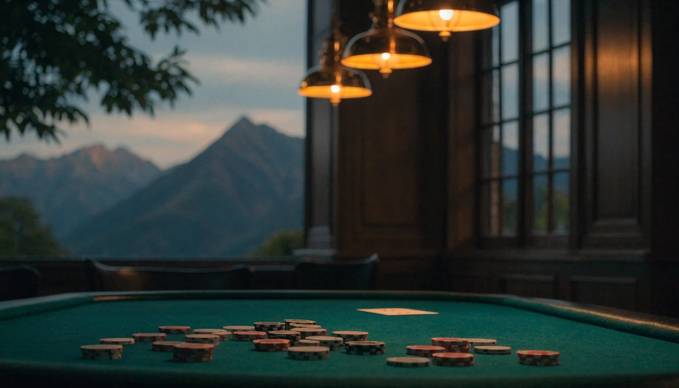 Empty casino card table with chips, warm lighting, New Zealand mountains visible through window.