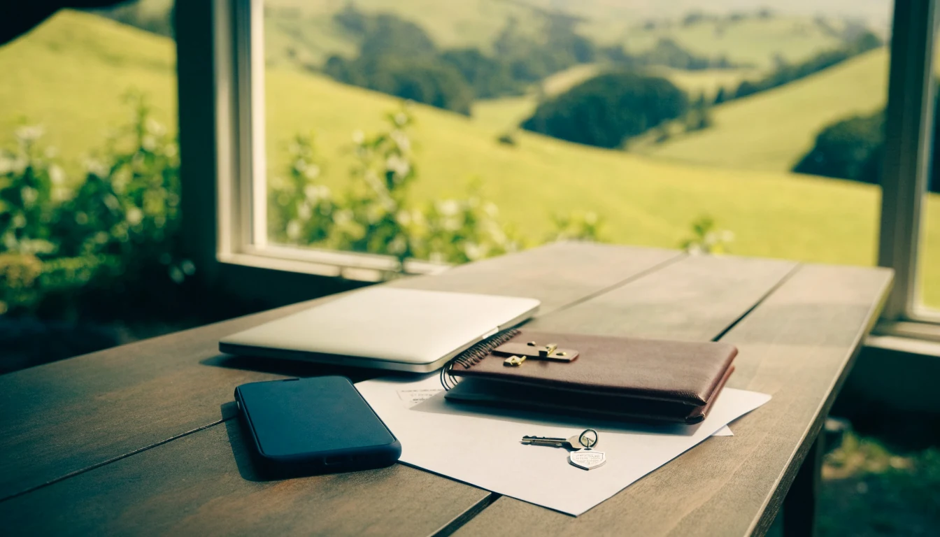 Closed laptop, face-down phone, locked notebook and shield key charm on a New Zealand countryside desk, symbolising privacy and data protection.