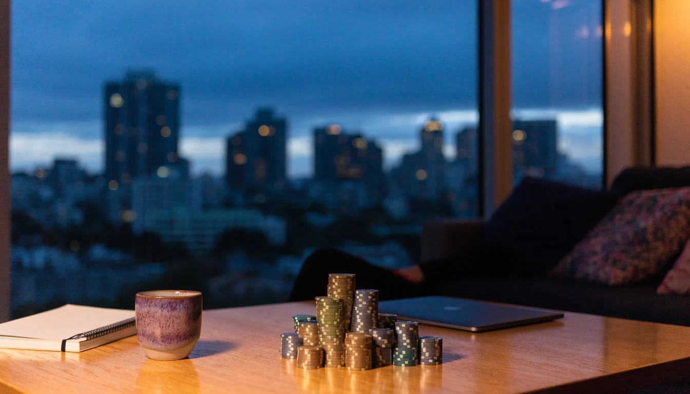 Casino chips on a coffee table with a closed laptop and Auckland skyline at dusk