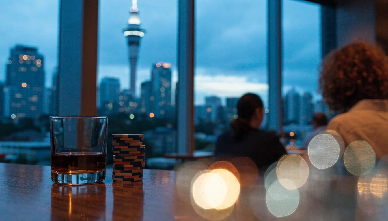 Casino chips on a bar counter with New Zealand Sky Tower skyline at dusk