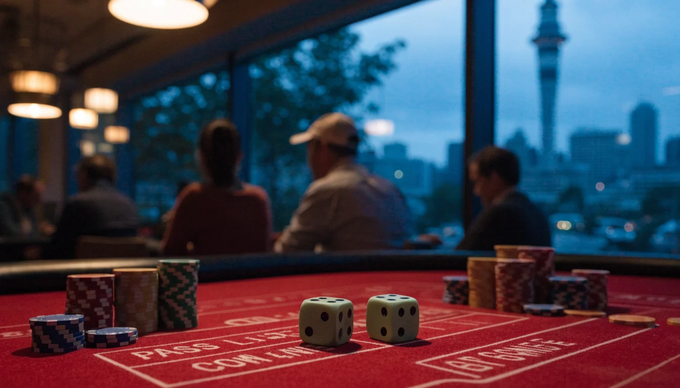 Casino craps table with dice and chips, Auckland skyline behind