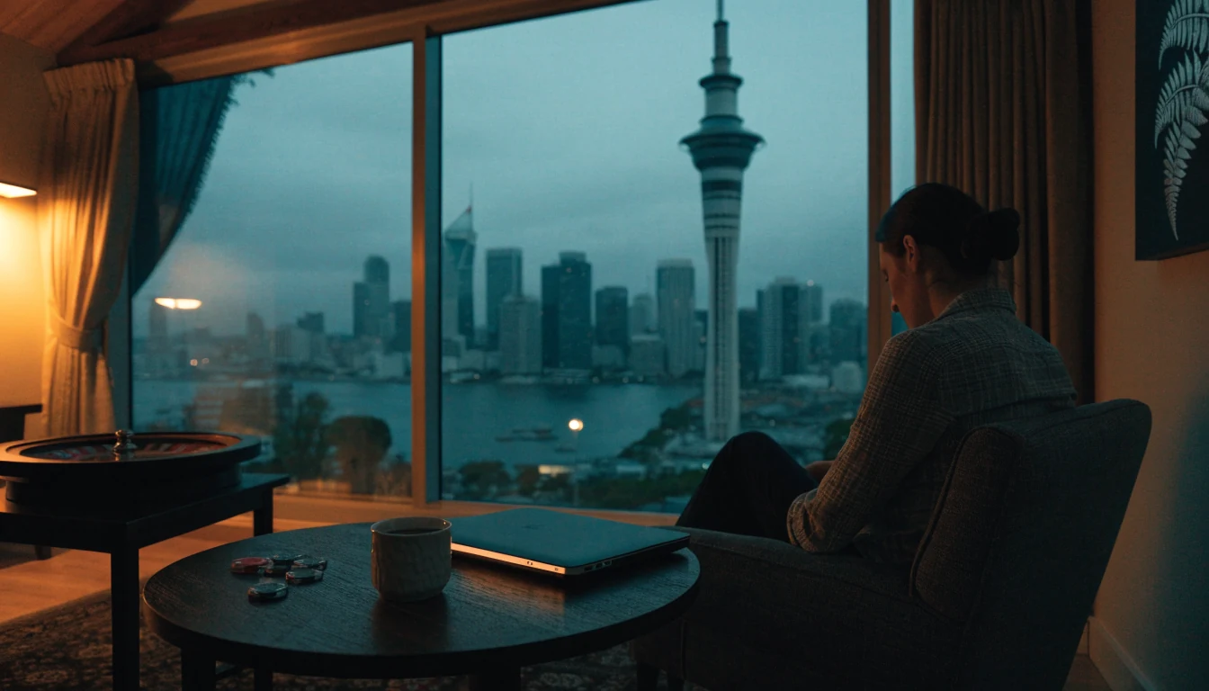New Zealand home scene with laptop, casino chips, and roulette wheel by the window