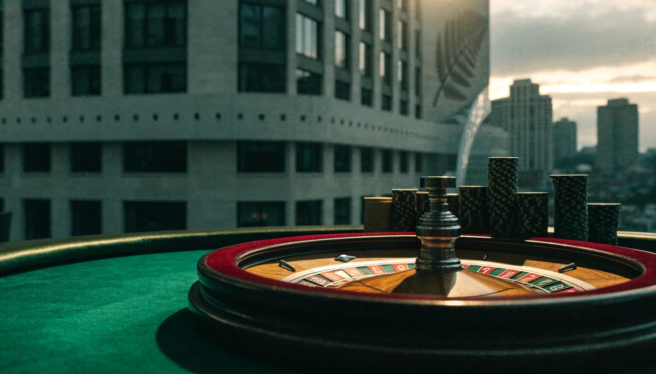 Roulette wheel with casino chips on a green table, New Zealand government building blurred in background
