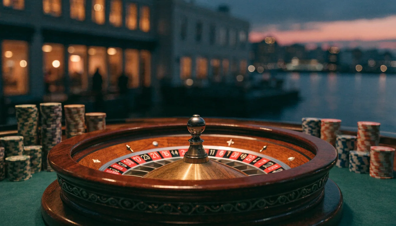 Elegant roulette wheel on a casino table with chips, Auckland skyline at dusk in the background.